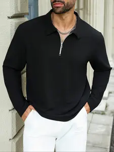 Men's Plus Size Knit Long Sleeve Casual Quarter Zip Polo Shirts, Zipper Polo Shirts, Men's 1/4 Half Zip Pullover Sweatshirts Long Sleeve Golf Shirts, Men's Spring Outfits & Fall Outfits Top