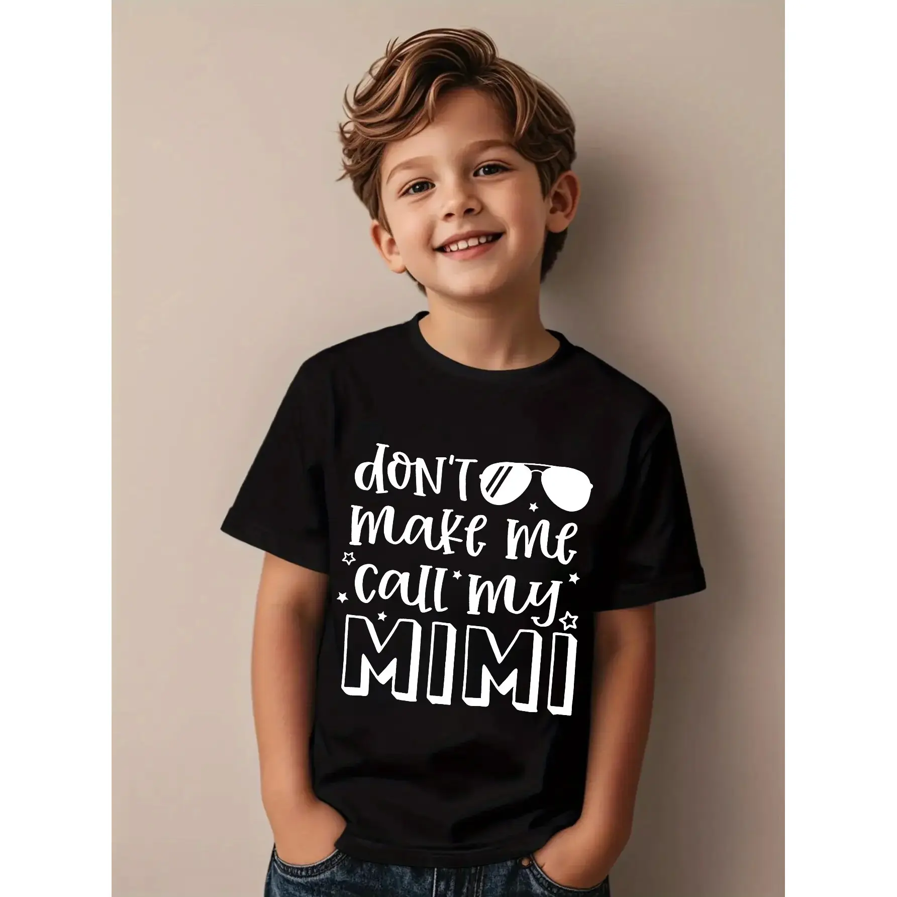 Boys' Cotton T-Shirt - "Don't Make Me Call My Mimi" Print, Comfortable Casual Round Neck, Short Sleeve, Black with White Text and Fashion Glasses Graphic, Tween Boy Clothes