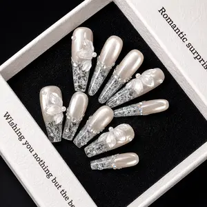 Luxury Pearl Crystal Press On Nails – Handmade Glossy Bridal Nail Set