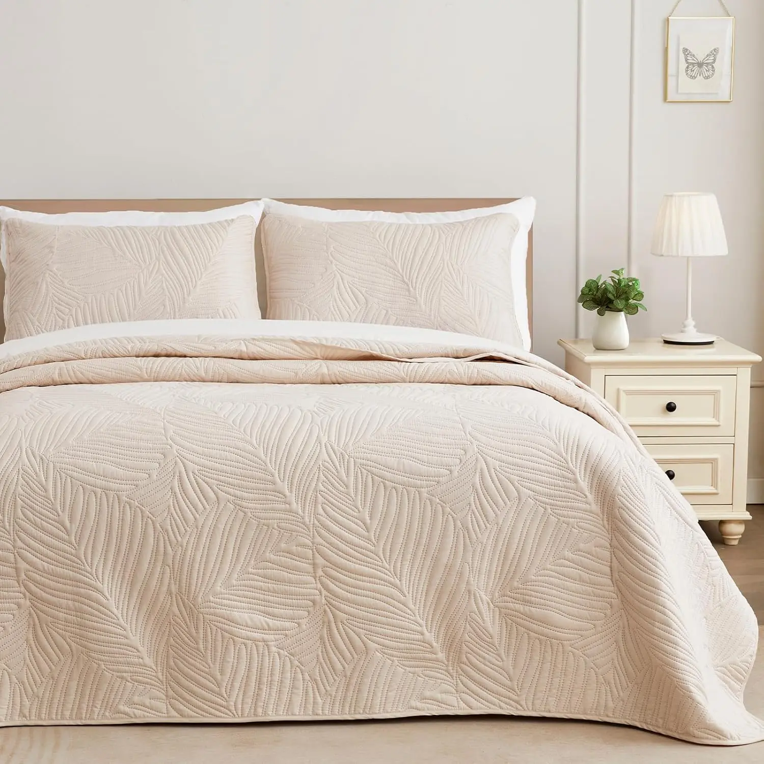 Brich Beige California King Quilt Set - 3-Piece 112x104" Oversized Soft Brushed Fiber Lightweight Microfibre Bedspread Coverlet with Nature Leaf Motif, Ultrasonic High Temperature Embossing, Machine Wash for All Seasons