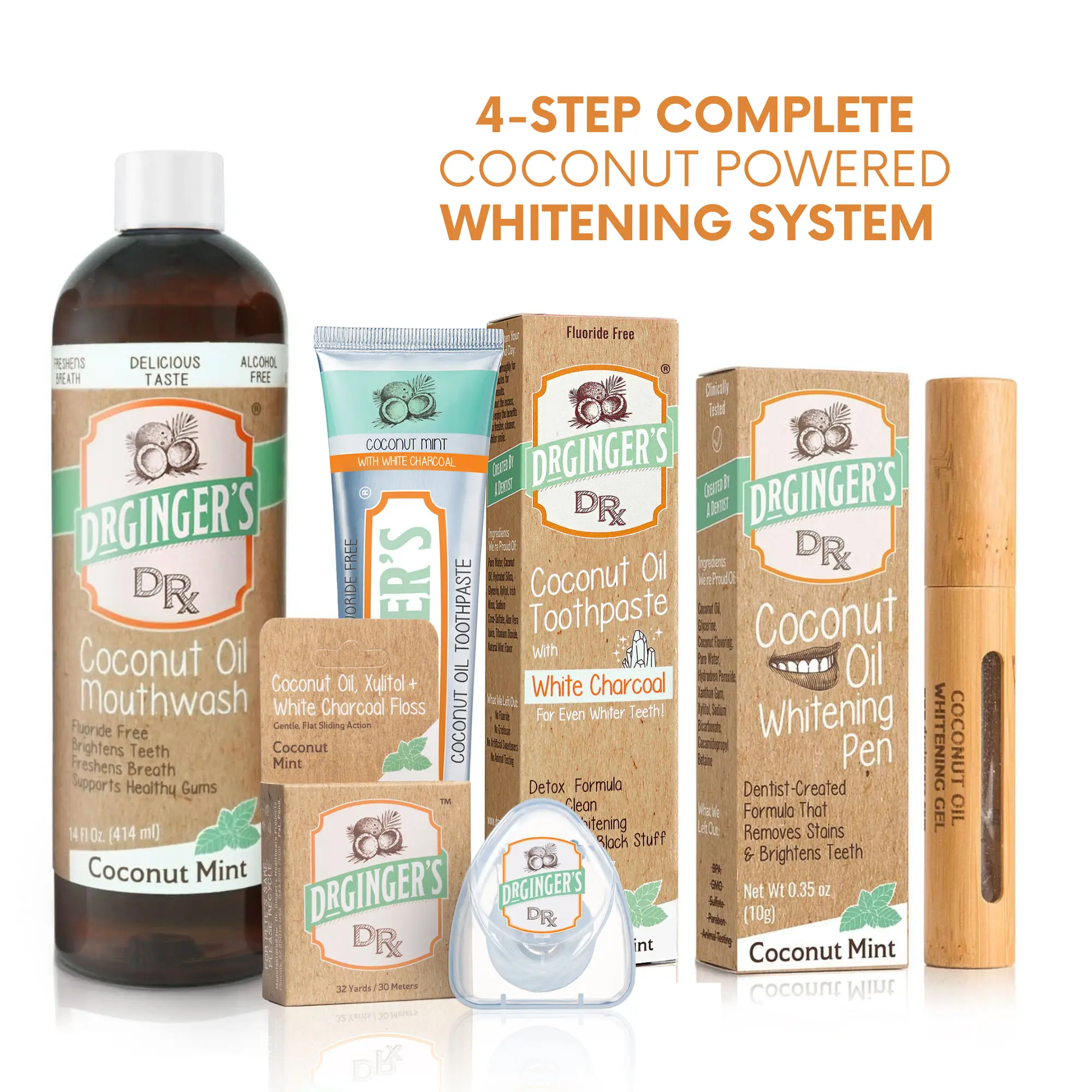 Dr. Ginger’s 4-Step Whitening System | Activated White Coconut Charcoal Toothpaste, Coconut Powered Mouthwash, Whitening Pen, and Activated White Coconut Charcoal Infused Floss, Gentle Whitening