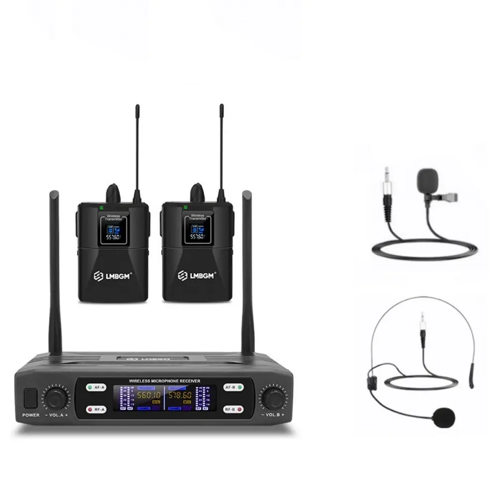 LMBGM R22 UHF Wireless Bodypack Microphone System, 2 Bodypack Transmitters with Lavalier and Headset Mics for Conference Teaching Stage Live Streaming