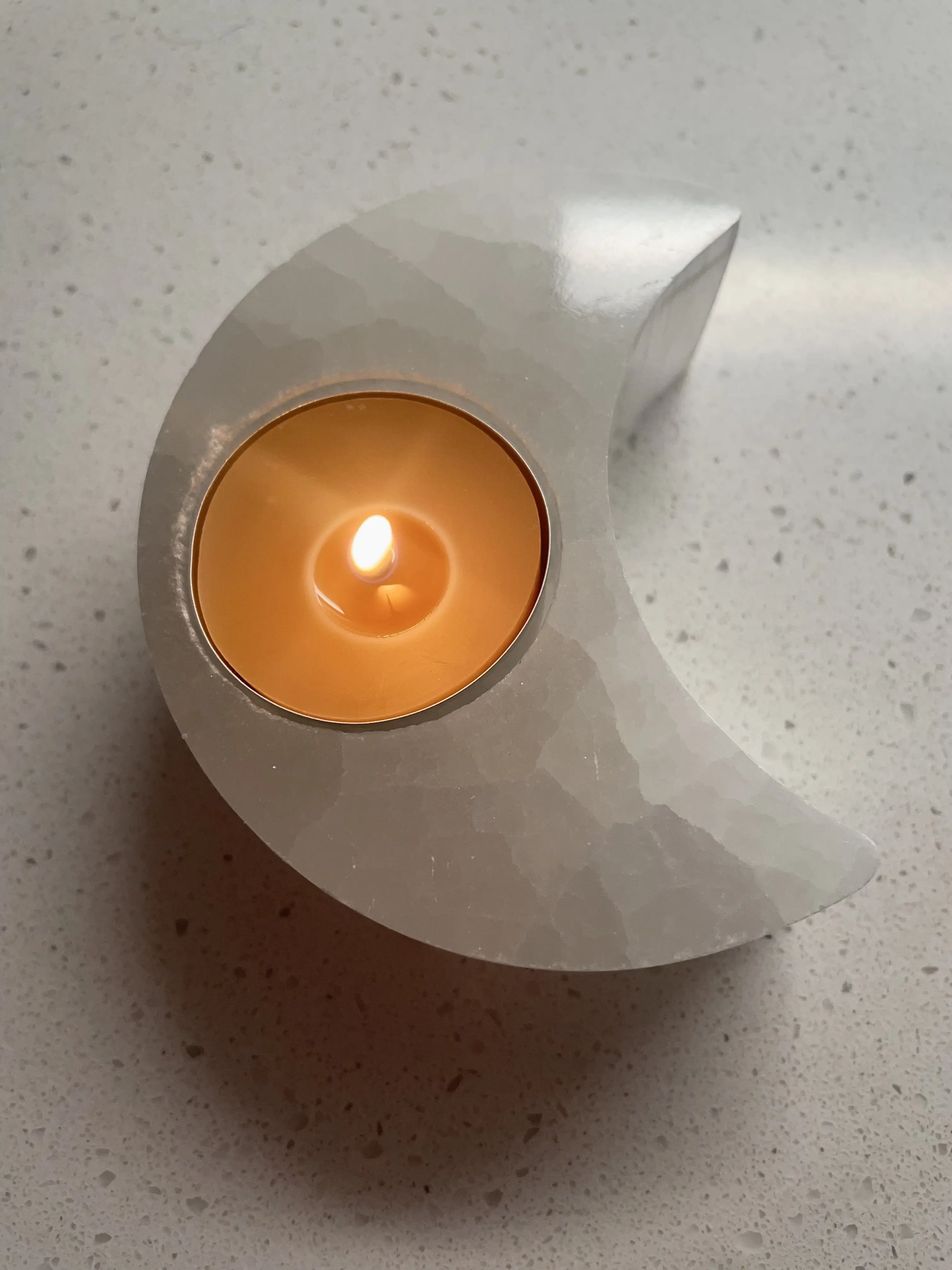Moon Selenite Crystal Candle Holder + 4 Pure Beeswax Tea Light Candles Decor Set
