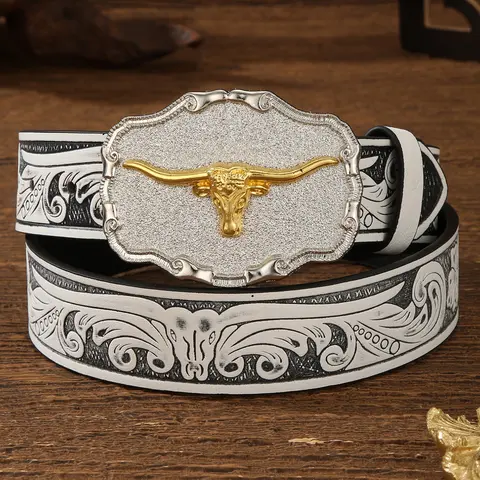 Vintage Bull Head Belt, Cowboy Belt, Bohemian Animal Print PU Leather Belts, All-Season Accessory, Ideal Gift for Men and Women