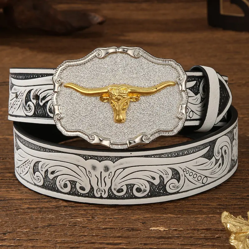 Vintage Bull Head Belt, Cowboy Belt, Bohemian Animal Print PU Leather Belts, All-Season Accessory, Ideal Gift for Men and Women