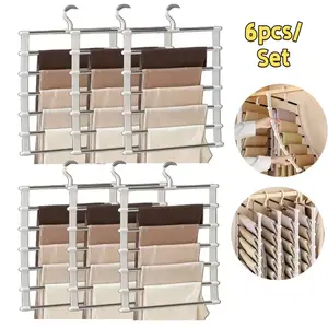 6pcs Foldable Multi-Layer Pants Hanger, Space-Saving Stainless Steel Non-Slip Wardrobe Organizer, Suitable for Home Storage And Retail Display, for Jeans, Trousers, Shirts, Towels, Scarves (For Home, Dormitory, Apartment)