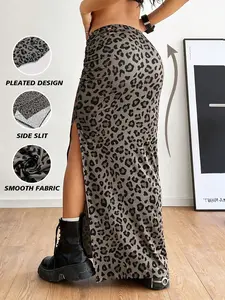 Trendy Leopard Print Long Dress, Fitted Design & Side Slit, Perfect for Y2K Style & All-Season Wear, Enhance Any