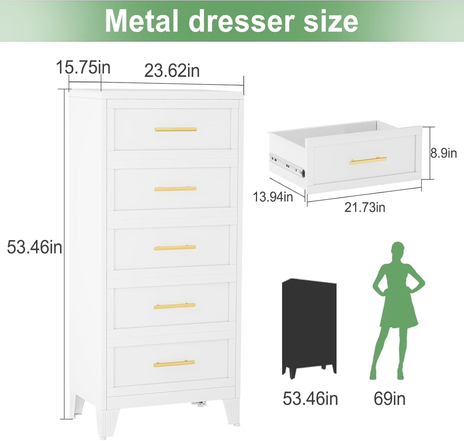 Metal Dresser Tall Narrow Dresser for Bedroom Chest, 53.46" H Drawer Chest, Closet Dressers & Chests of Drawers for Living Room, Hallway