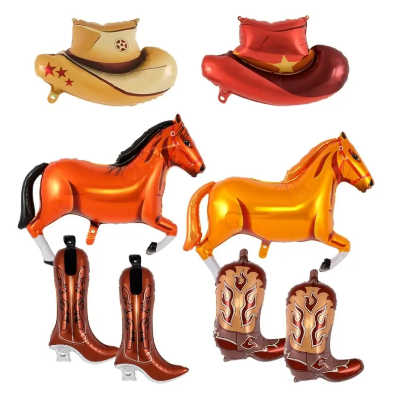8 piece Western Cowboy themed aluminum foil balloon set, including horse, cowboy hat, and boot shaped balloons, suitable for birthday parties, cowboy sports, and Western themed celebrations
