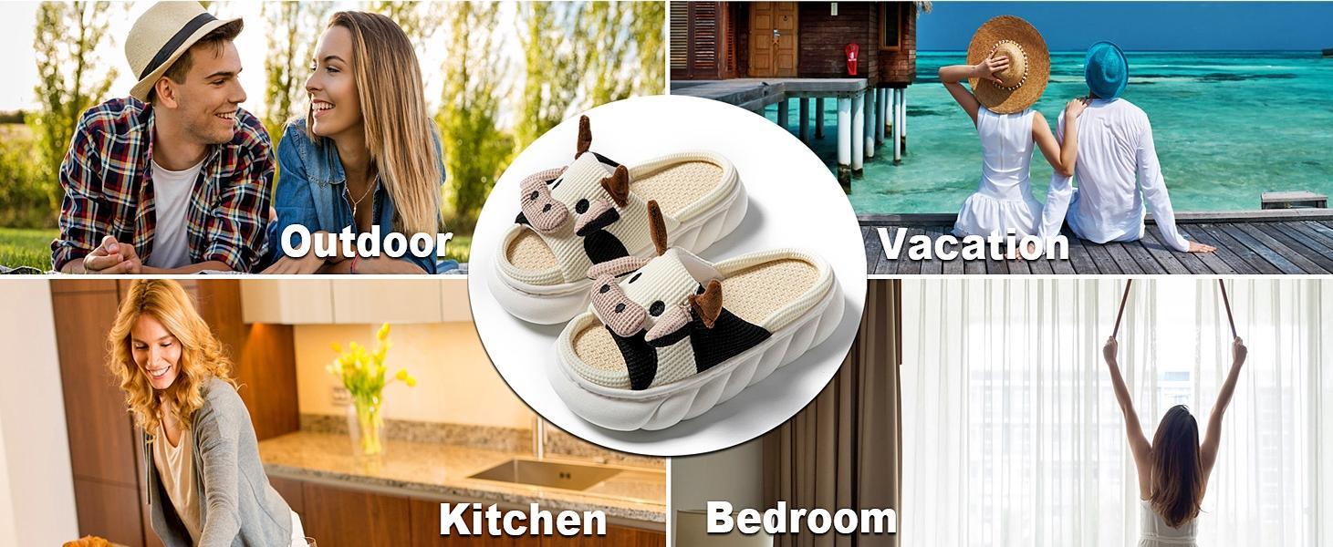 Women’s Cute Cow Print Cartoon Look House Slippers - Open-Toe Slip-On Shoes with Cushioned Bed, Non-Slip Sole, Lightweight All Seasons Indoor/Outdoor Footwear for Bedroom, Lounging