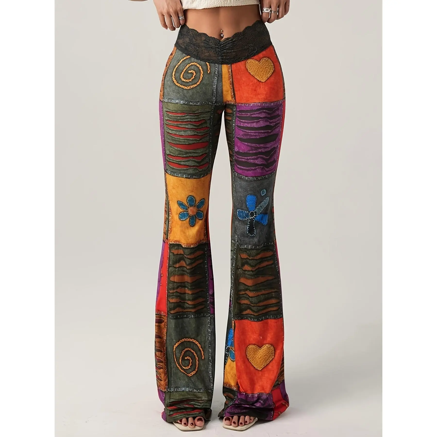 Women's Bohemian Sporty Joggers - Elastic Flared Knitted Polyester Bell-Bottom Pants with Lace Inserts, Contrasting Patchwork, Mixed Colors, Leg-Flattering for Sports, Outdoor Activities, Bohemian Joggers