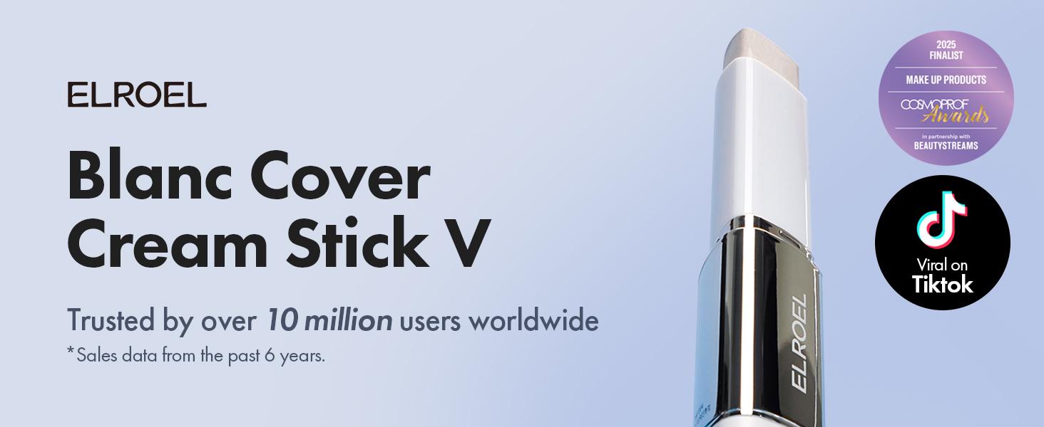 [ELROEL Official Store] ELROEL Blanc Cover Cream Stick V White - Korean Color-Changing Foundation Stick with Volufiline - Medium to Full Coverage Dewy Finish Base Makeup - Dual-Ended with Detachable Brush (13g, 0.04 oz)