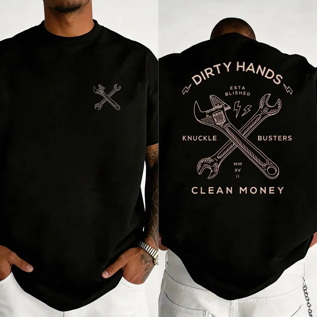 "Dirty Hands, Clean Money" wrench graphic t-shirt, workwear-style graphic print t-shirt, comfortable fabric short-sleeved top.