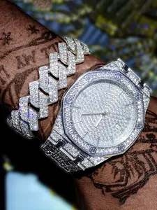 2 Piece Set Hip Hop Fashionable Bracelet Cuban Chain with Sparkling Diamond Quartz Wrist Watch, Unisex Gift for Friends, Daily Sport Wear