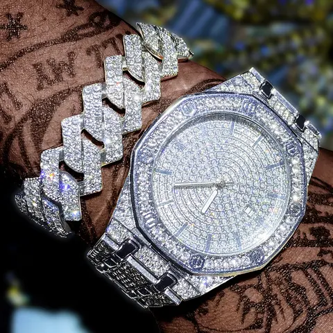 2-Piece Hip-Hop Fashionable Punk Aesthetic Bracelet and Diamond Quartz Analog Watch Face Wrist Watch Set, Jewelry Watch Set, Fashionable Wristwatch Set, Unisex Gift for Friends