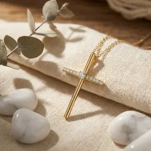 Finely-Made Gold Diamond 925 Sterling Silver Women and Men Jewelry, Rhodium Plated 23in Cross Necklace Pendant, Changeable Chain