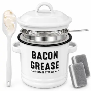 46oz Enamel Bacon Grease Saver with Strainer, Lid & Spatula, Vintage Farmhouse Bacon Fat Storage Can with 2 Cleaning Sponges, Multi-Color Cooking Oil Keeper Kitchen filter container utensil bbq