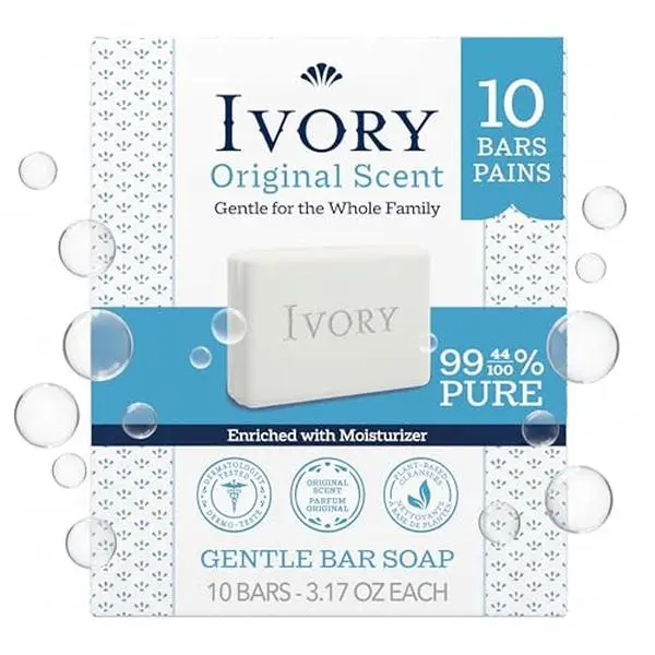 Ivory Gentle Bar Soap, Designed for Whole Family, 99.44% Pure Formula, Plant-Based Cleanser, Made Without Heavy Perfumes, Parabens & Phthalates, for All Skin Types, Original Scent, 3.17 oz (10 Count)