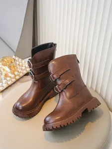 Double Buckle Thick Sole Boots, Fall Winter Unisex Retro Motorcycle Style, Anti-Slip Soft Bottom, Hidden Zipper Design