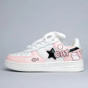 Hand Painted Loving Cat Strawberry Milk Pink Sneakers - Unisex