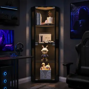 65" 4-Tier Corner Showcase, Glass Display Cabinet with Glass Doors, 3 Color LED Lights, Human Body Sensor & Adjustable Shelves, Black Display Case for Collectibles, Liquor and Game Room