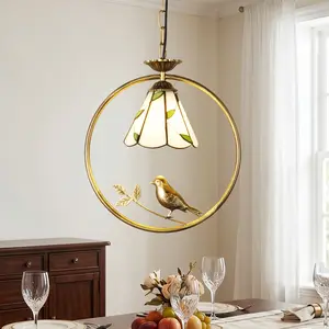 Tiffany Style Stained Glass Pendant Light, Bird Ring Hanging Ceiling Lamp, 14 x 6.5 Inch Vintage Pendant Fixture, E26 Warm Light For Dining Room Bedroom Entryway