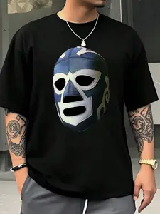 Mexican Wrestling Mask Print Short Sleeve T-Shirt, American Vintage Street Style, Loose Fit, Unisex, Casual Long T-Shirt