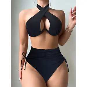New European and American Style Underwire Tie Neck Bikini Set Tight-Fitting Backless Swimsuit for Beach Outings & Pool Parties