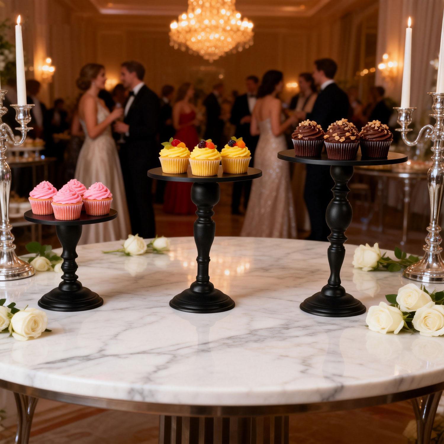 The appearance of the dessert table at the party features a 3-piece set of metal circular cake stands, arranged separately to fill the entire table. The wedding afternoon tea on the day of the wedding is absolutely stunning.  AI·