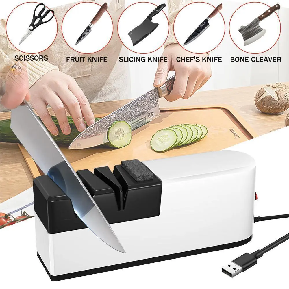 【Black Friday】Ergonomic Automatic Electric Knife Sharpener - 4-in-1 3-Stage Sharpening Durable Kitchenware Tool, 20cm x 7.5cm Compact Ceramic & Tungsten Steel Body, Non-Slip Stainless Steel & ABS Rectangular Design for Home Kitchen Knives, Blade Repair
