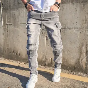 Men Stylish Streetwear Distressed Multi pocket Slim Cargo Jeans Trousers High Quality Solid Male Casual Denim Pants Menswear Beige