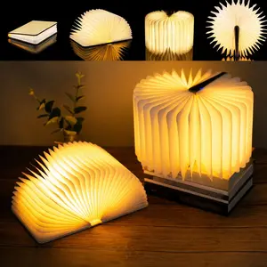 Wooden Book Lamp, 3 Color LED Folding Book Light, USB Rechargeable Night Light, Creative Bedside Lamp for Bedroom, Cozy Room Decor, Unique Gift for Women, Men, Friends & Book Lovers