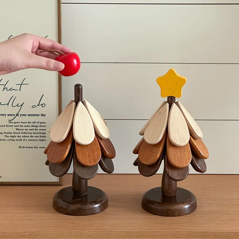 Wooden Christmas Tree Coasters, Heat Resistant and Foldable, Kitchen and Restaurant Decor, Apple and Star Design, Holiday Table Setting