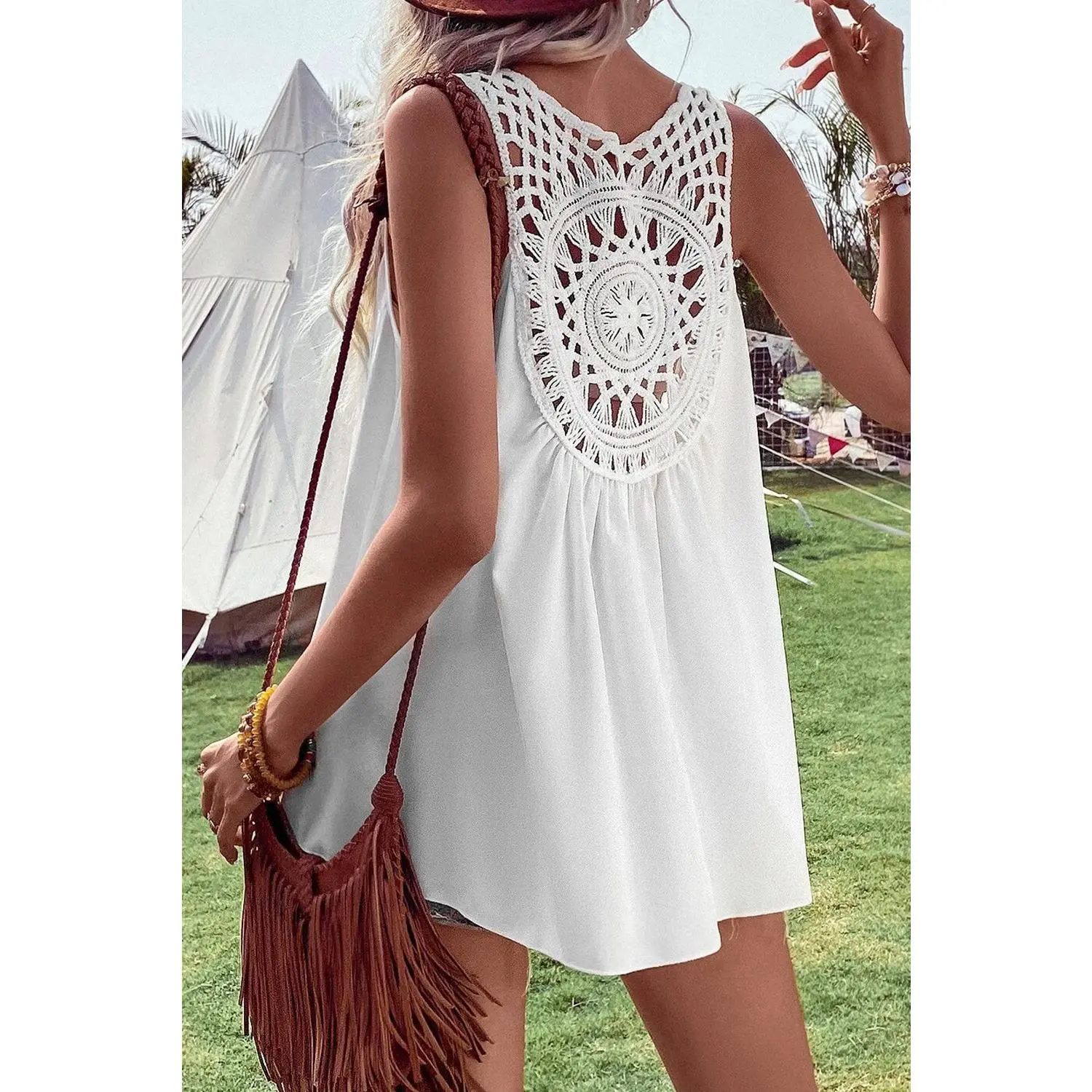 White Bohemian Crochet Patchwork Sleeveless Tunic
