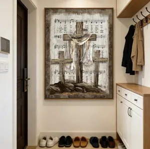 Religious Cross and Hymn Decorative Wall Art: Inspirational wall decor suitable for home prayer rooms, living rooms, and bedrooms – Featuring a wooden cross and musical score design, ideal for Christian believers – High-quality framed canvas print.