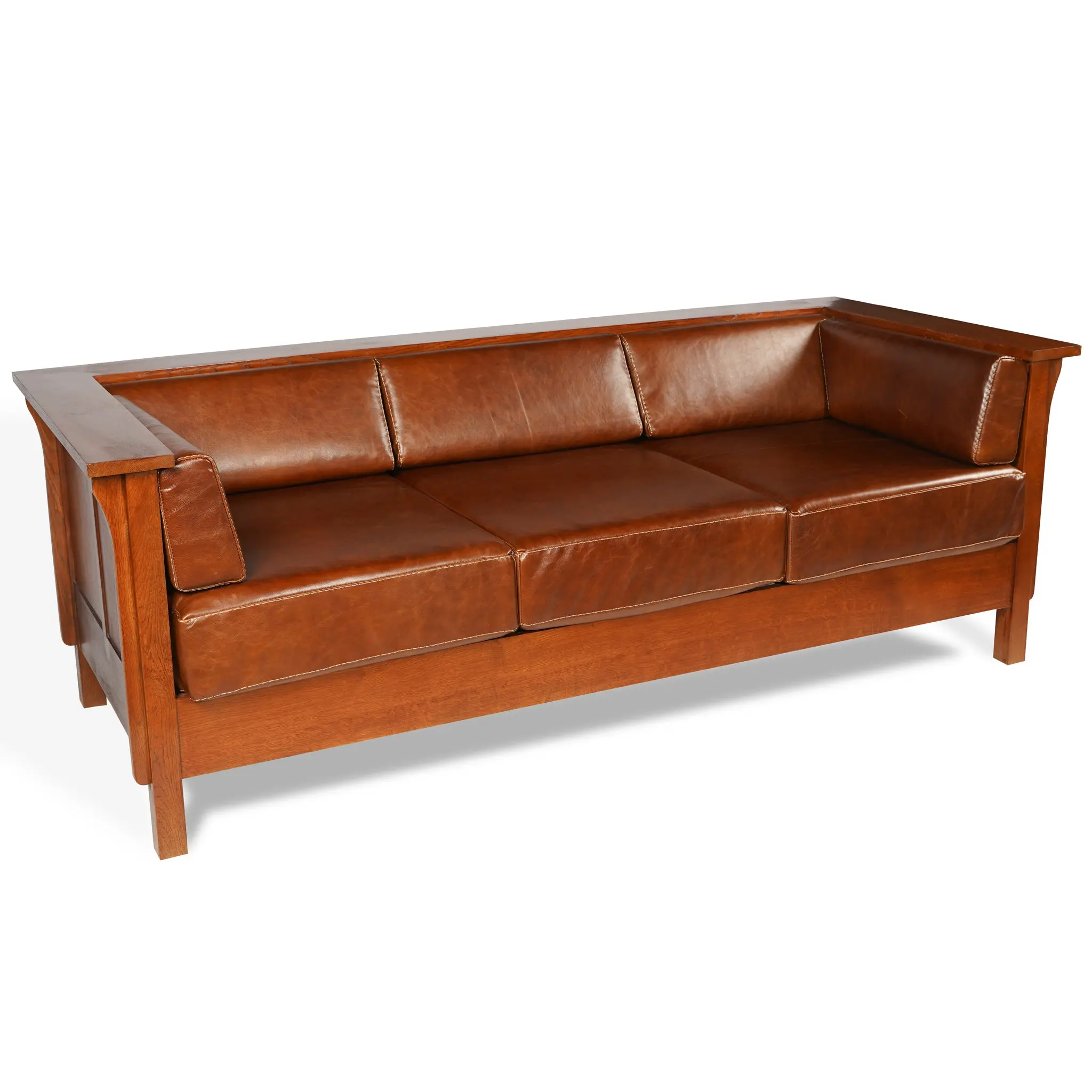 2-Seater Modern Arts & Crafts Leather Sofa - Craftsman Solid Cubic Panel Sides Chestnut Brown Couch with Firm Seat Cushions, Clean Design White Oak Low-Profile Indoor Living Room Furniture, Sofas Living Room