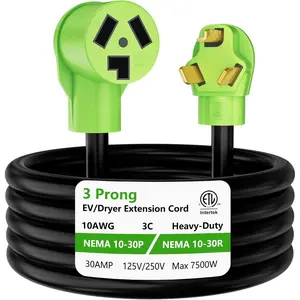 3 Prong Dryer Extension Cord 50 FT, NEMA 10-30P to NEMA 10-30R, STW, 10AWG, Heavy Duty Cord, for Dryer Power Extension and Level 2 EV , 30Amp, 250V, 10-AWG Gauge, ETL Listed