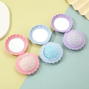 1PC Mini Folding Hair Brush with Mirror, Shell Shape Compact Pop up Pocket Brush, Small Travel Size Flip Hair Brush for PurseBackpack