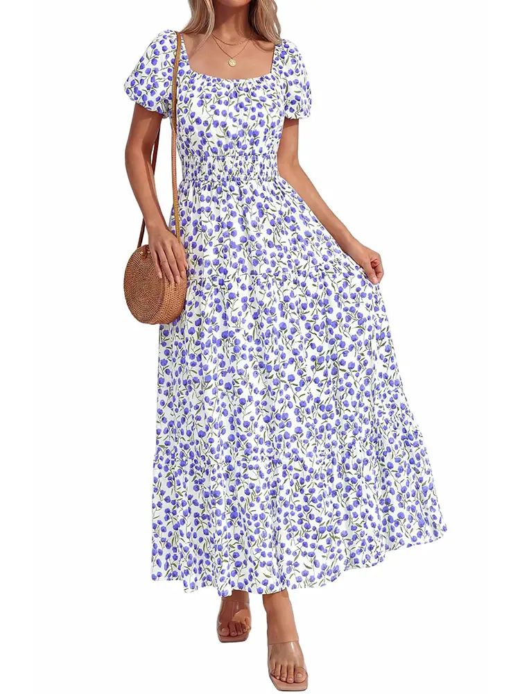 BTFBM Summer Dress for Women 2026 Spring Floral Short Sleeve Casual Flowy A-Line Smocked Tiered Maxi Dresses Pockets
