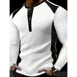 Men's Patchwork Henry Shirt, Casual Long Sleeve, Elastic Polyester Fabric, Button Details, Perfect for Outdoor Activities & Leisure Wear