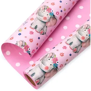 Reversible  Girl Wrapping Paper Elephant with  Polk Dots Paper for  Shower  Birthday Party - 17Inch x 394Inch(33Feet)