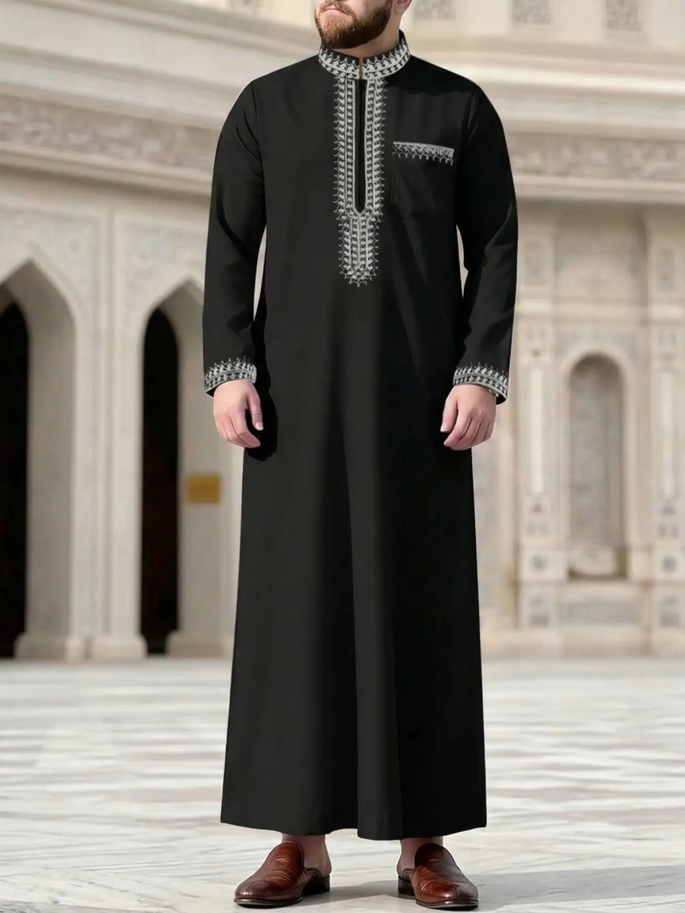 Muslim Men's Modesty Thobe, Long Sleeve Embroidered Stand Collar, Loose  Casual Saudi Style, Islamic Clothing for Festivals and Gifts - TikTok Shop