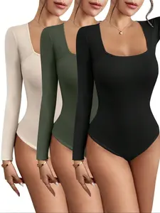 Women's Square Neck Long Sleeve Bodysuit Set, Peach Colors, Tight-fit Innerwear & Outerwear, Suitable for Various Occasions, Womenswear