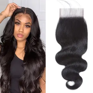 Wholesale NEW Arrived HIGHER Brazilian Virgin Human Hair Body Wave Closure 4x4 Part Lace Top Closure with Baby Hair - Natural Black Color for Women, All Ethnicities, Versatile Hairpiece |   Natural Look Wig |   Swiss Lace Closure