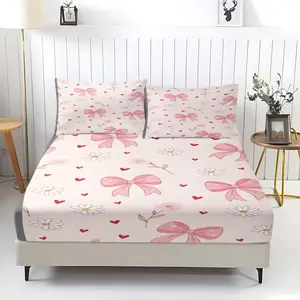 3pcs Pink Bow Daisy Heart Fitted Sheet Set, Secure Mattress Protection, Cute Whimsical Design For Bedroom Decor, Decorative Bedsheet Sets. Includes 1 Fitted Sheet 2 Coreless Pillowcases, Perfect For Playful Colorful Bedding Fans, Floral Sheets