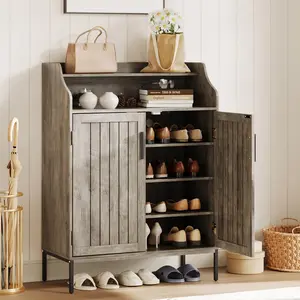 Shoe Storage Cabinet for Entryway, 5-Tier Gray Shoes Cabinet w/Doors and 3 Adjustable Shelves, 41" Tall Wood Shoe Rack for Closet, Modern Shoes Organizer for Entryway, Hallway, Living Room, Gray