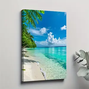1 piece Tropical Paradise Canvas Art - 11.81 x 17.72inch oil painting poster, with solid wood frame, vivid scene of beaches and palm trees, suitable for living room, office or bar wall decoration, beach-themed decor