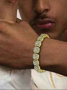 Square Rhinestone Cuban Chain Bracelet, Unique Unisex Appeal Street Party Jewelry, Fashionable Accessory for Men and Women, Exquisite Bracelet