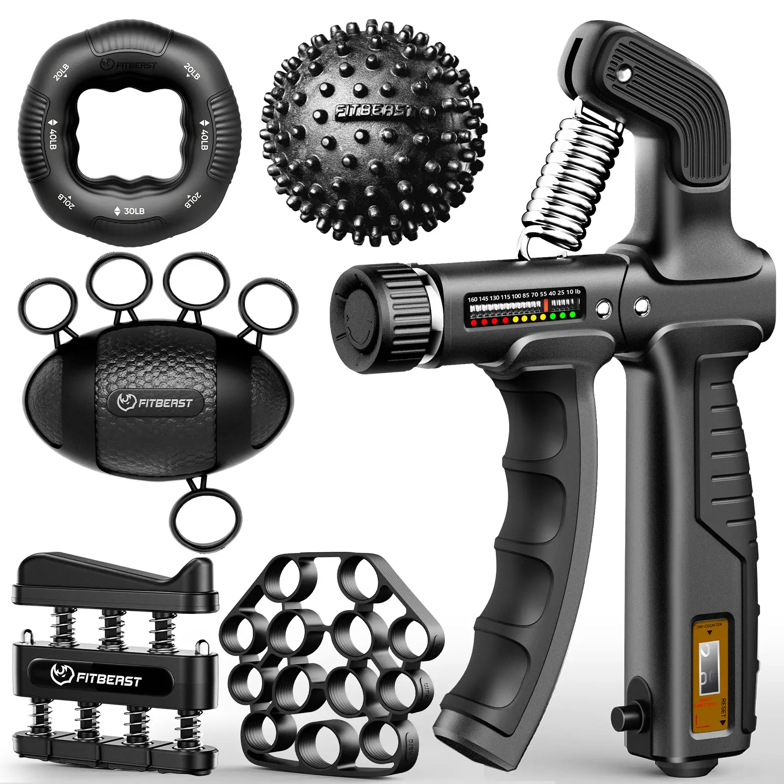 FitBeast 10-160 lbs Grip Strength Trainer Kit, Pro Hand and Forearm Strengthener Kit with Adjustable Resistance and Multi-Function Massage Balls for H