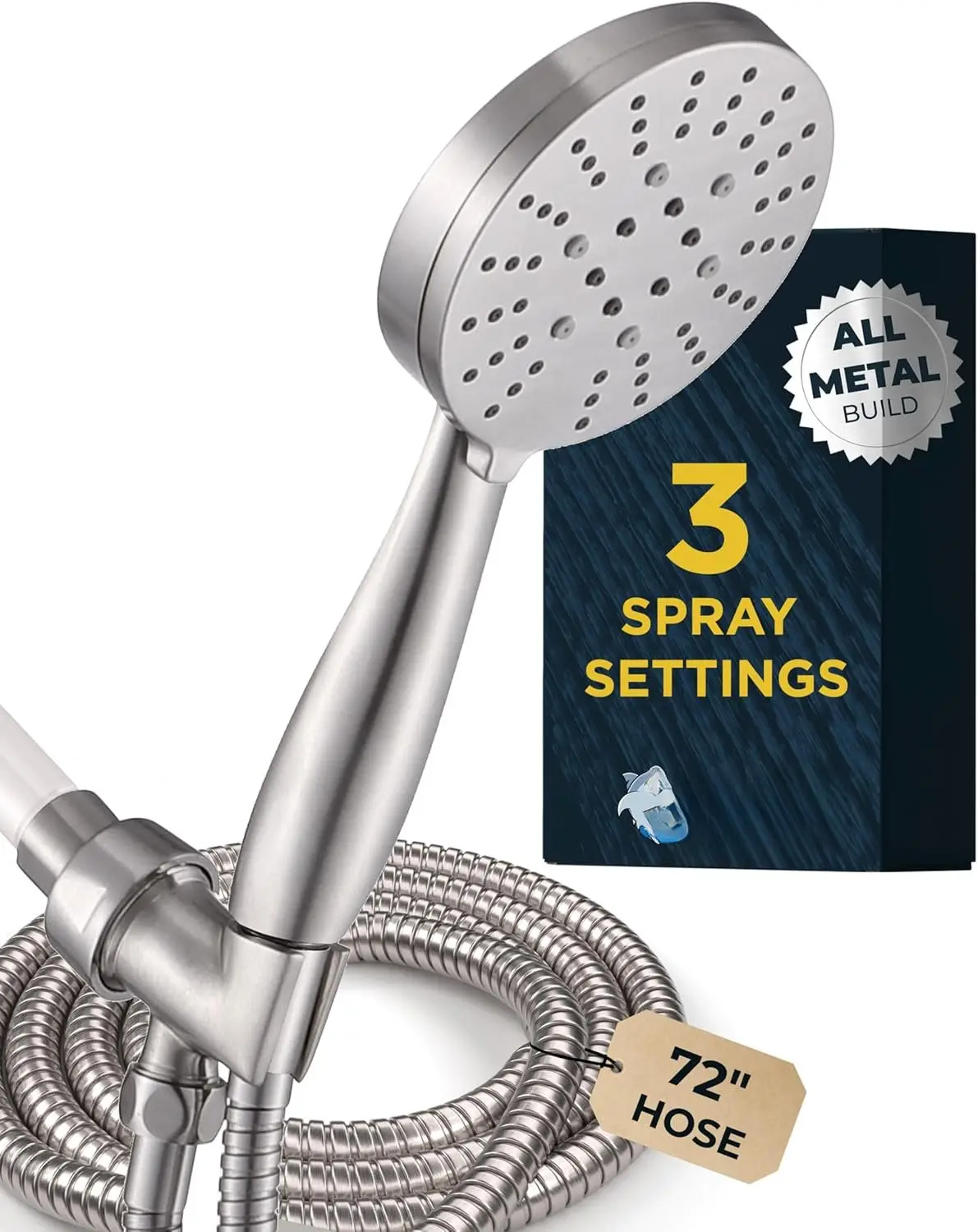 All Metal 3-Spray Settings Handheld Shower Head Complete Kit - Brushed Nickel, 2.5 GPM, Wall Mount Holder, Long Hose with Inner Tubing (Wide, Massage, Mist Sprays), Shower Heads